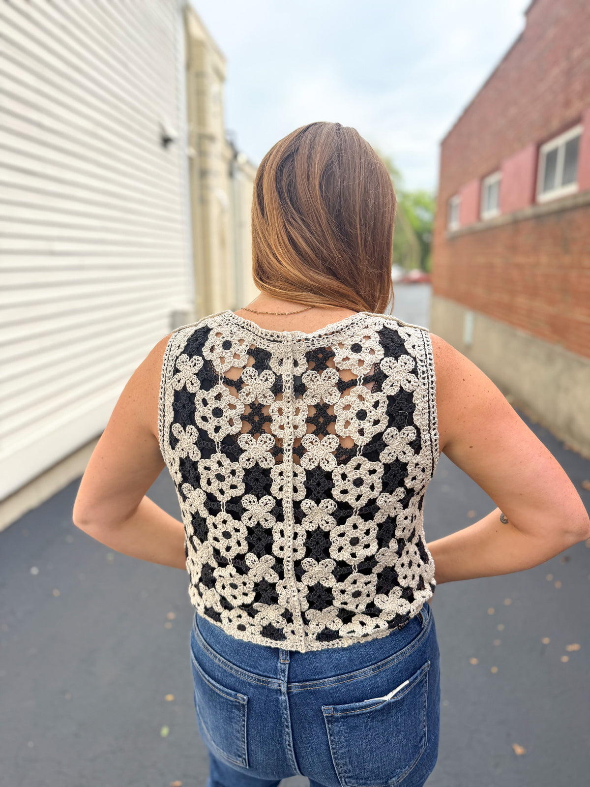 Black Floral Crochet Vest