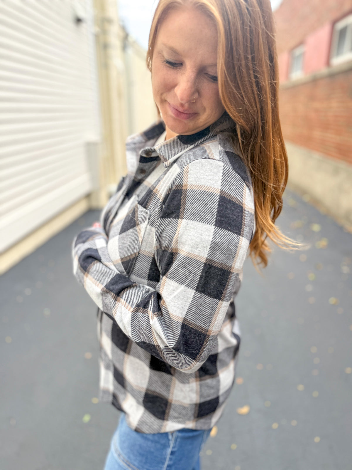 Navy Mocha Plaid Button Up