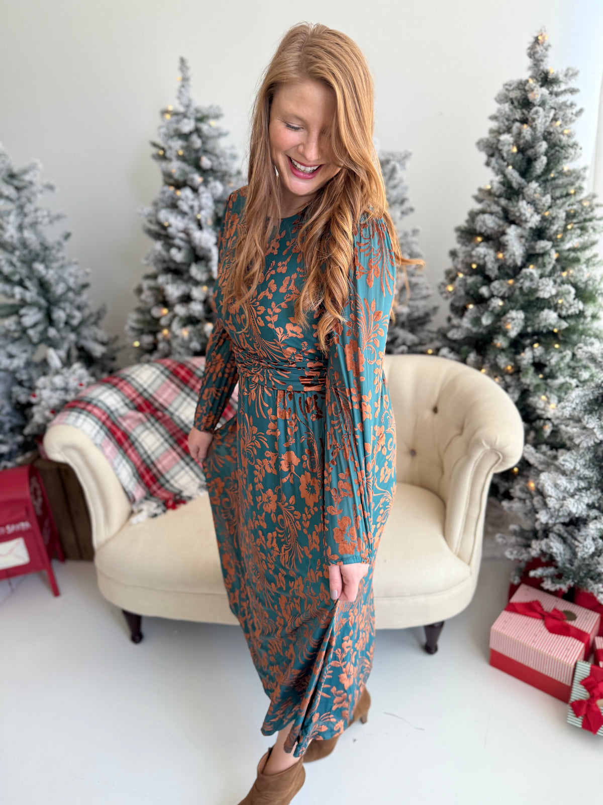 Floral Velour Teal Dress