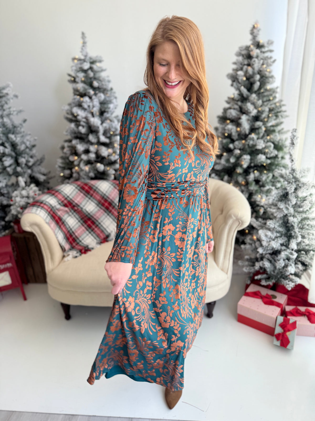 Floral Velour Teal Dress