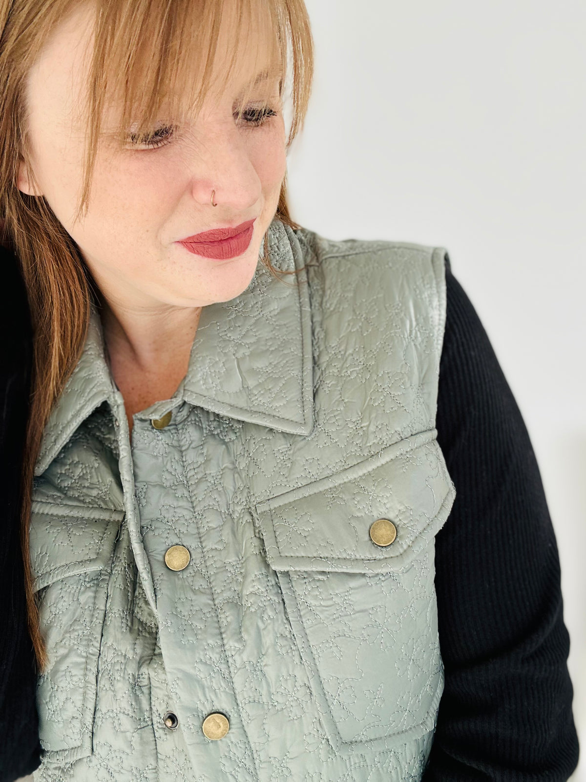 Olive Floral Snap Vest