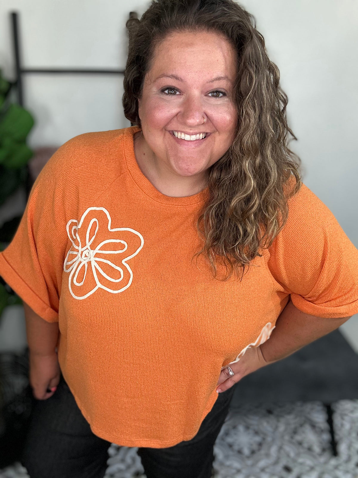 Orange Floral Short Sleeve Top