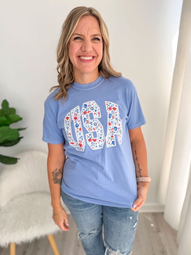 Blue Floral USA Graphic Tee