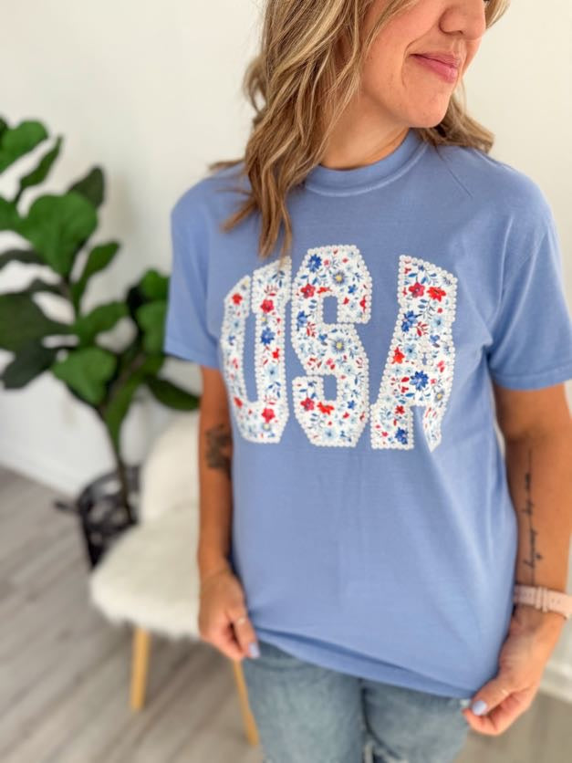 Blue Floral USA Graphic Tee