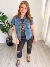Short Sleeve Washed Denim Button Down