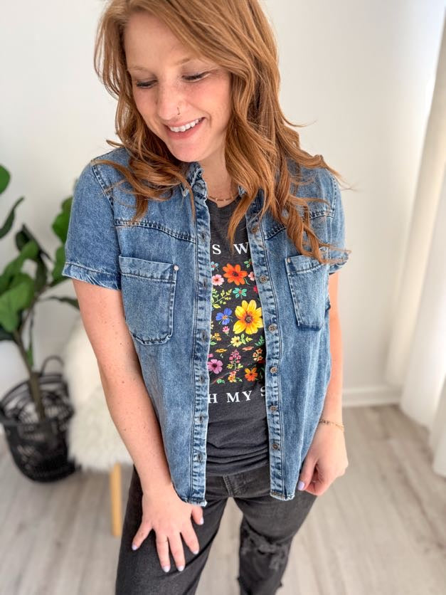 Short Sleeve Washed Denim Button Down
