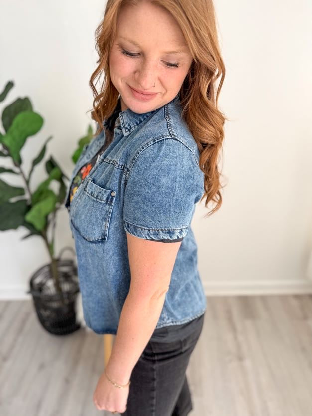 Short Sleeve Washed Denim Button Down