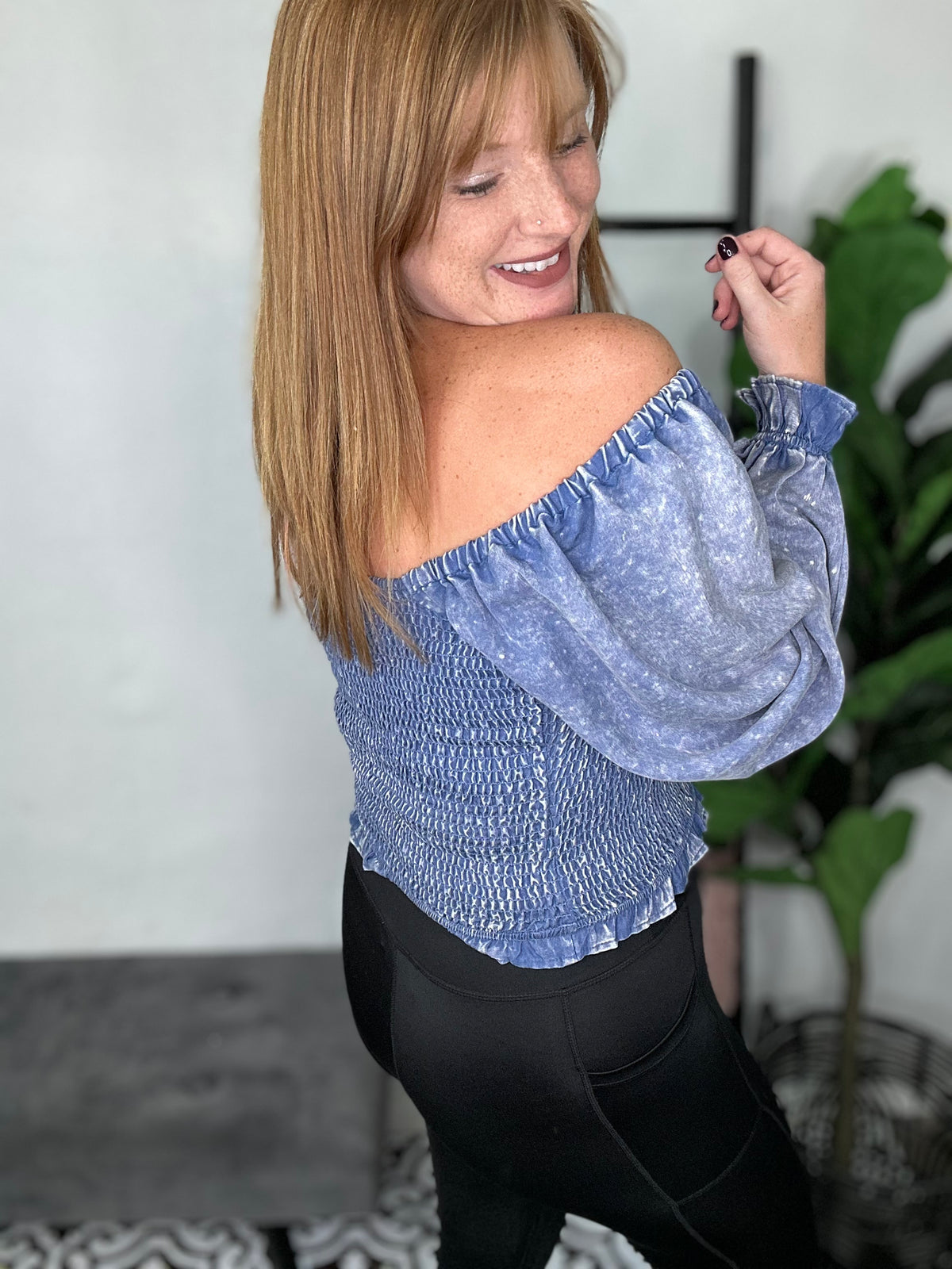 Denim Smocked Sleeve Top