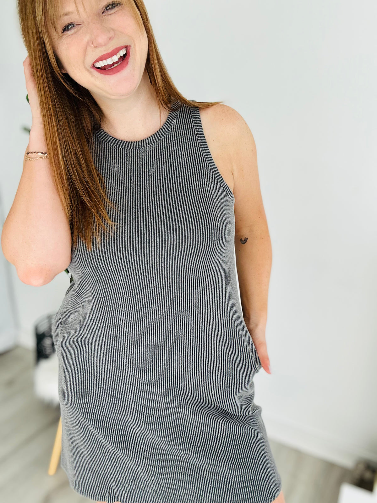 Rib Knit Tank Dress - Charcoal