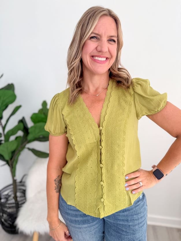 Soft Olive Scallop Trim Top
