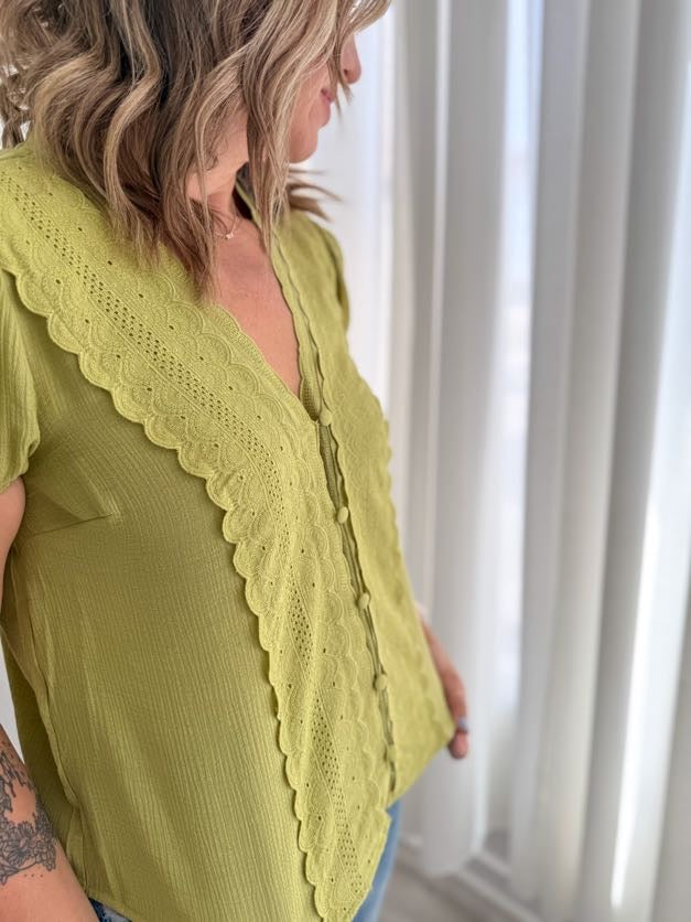 Soft Olive Scallop Trim Top
