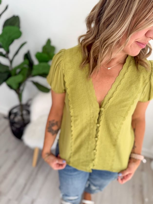 Soft Olive Scallop Trim Top