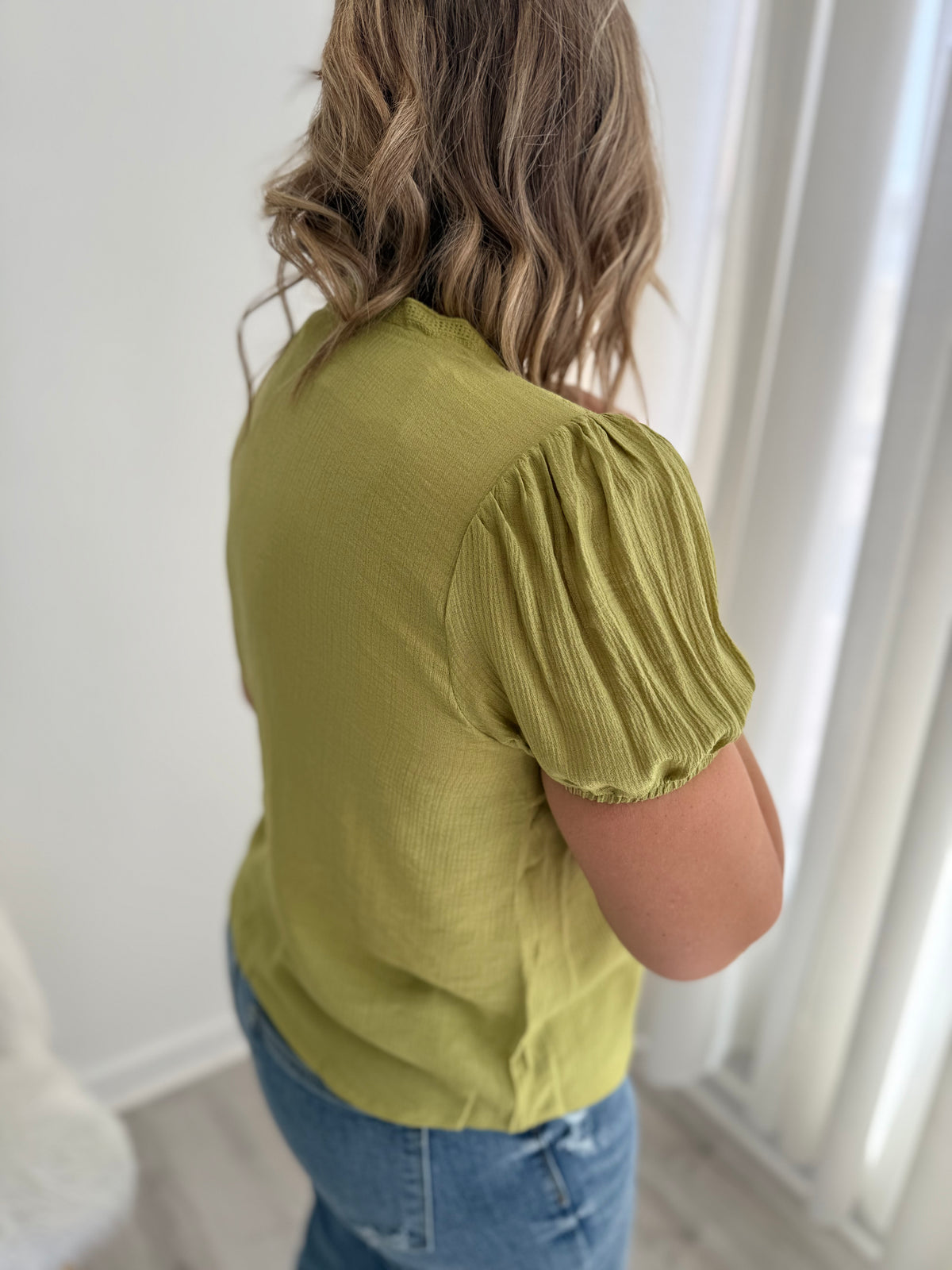 Soft Olive Scallop Trim Top