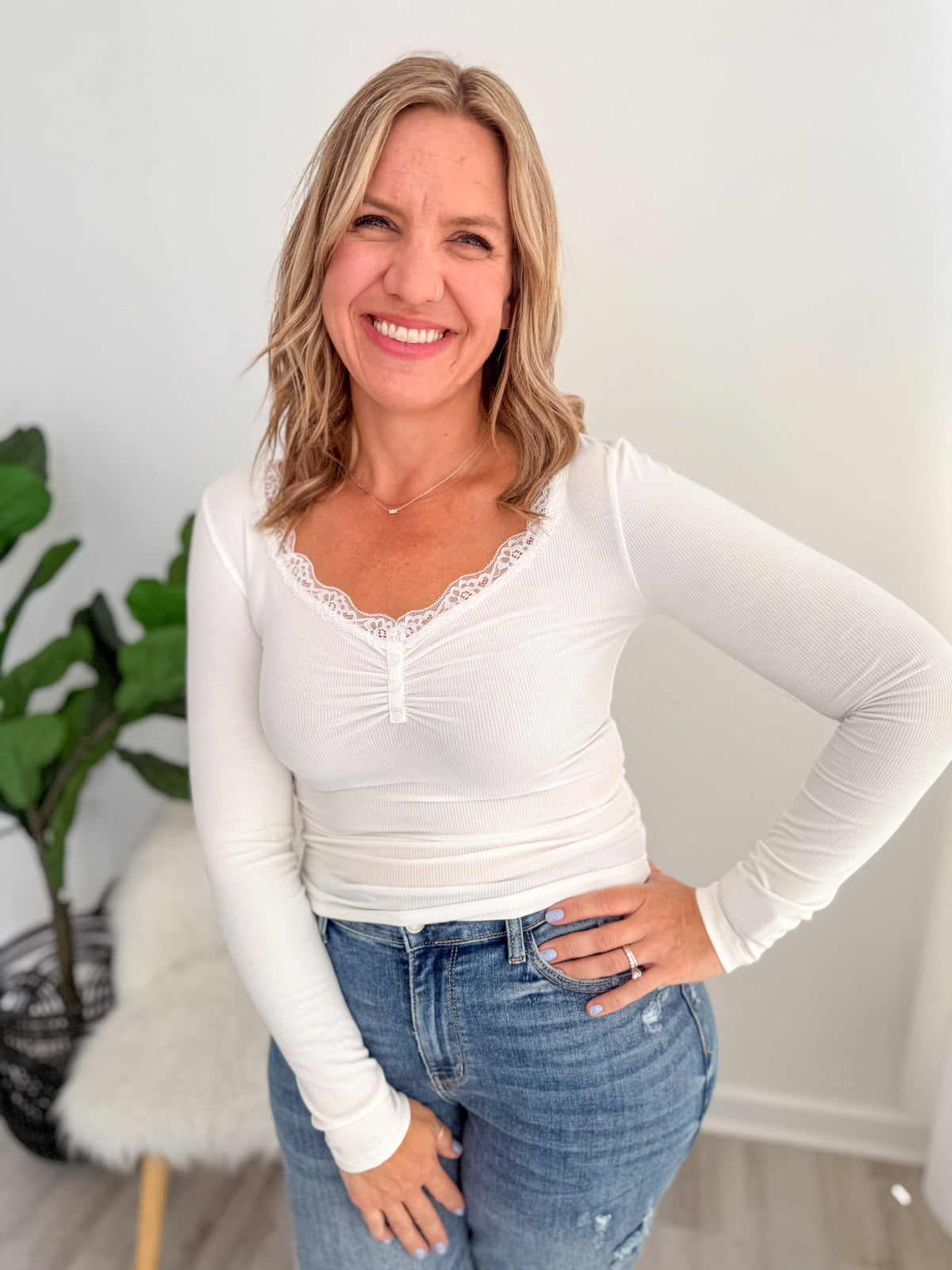 White Long Sleeve Lace Trim Top