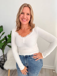 White Long Sleeve Lace Trim Top
