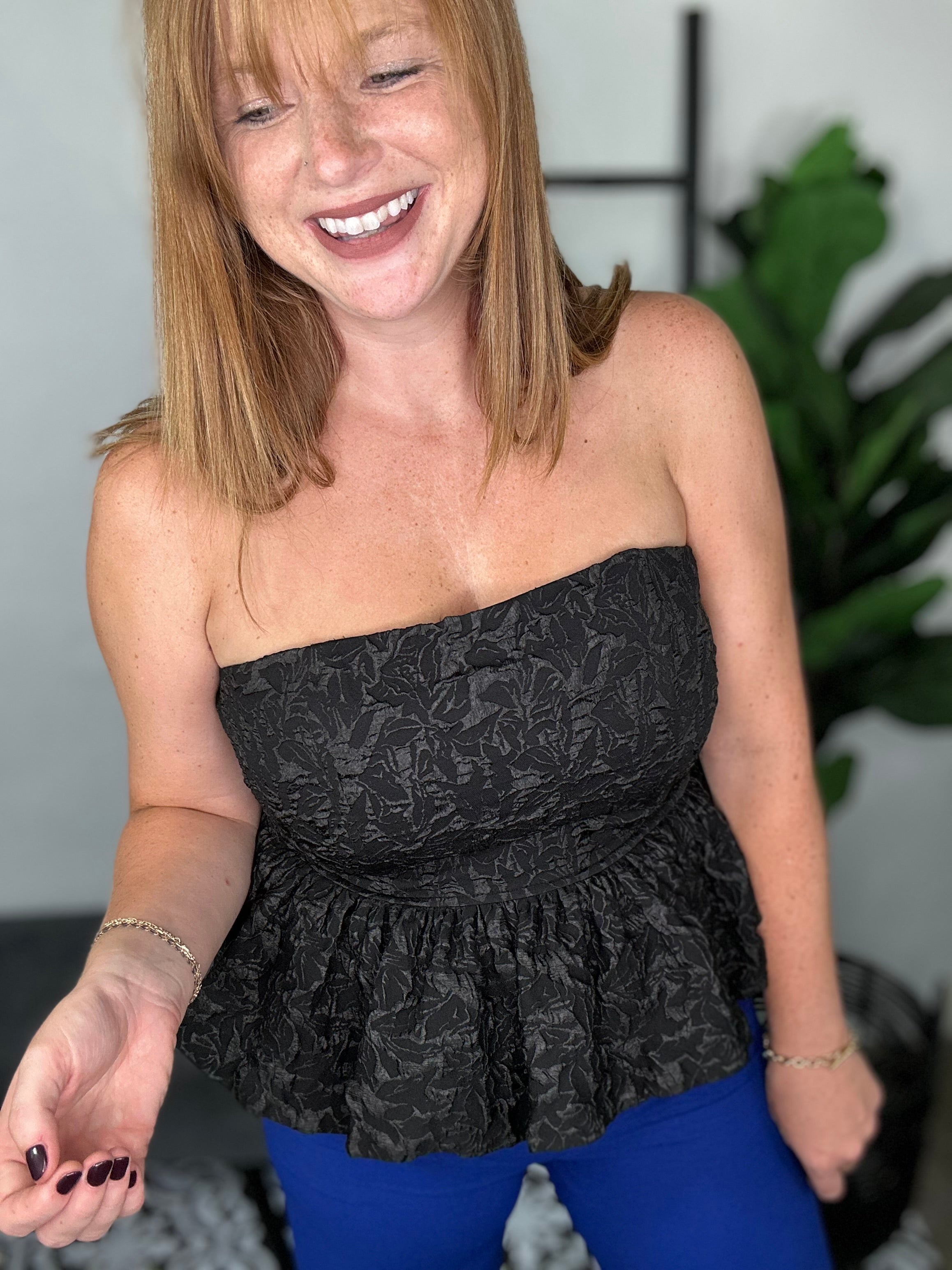 black strapless peplum top