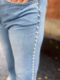 High Rise Wide Leg Pearl Embellished Jeans