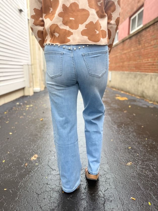 High Rise Wide Leg Pearl Embellished Jeans