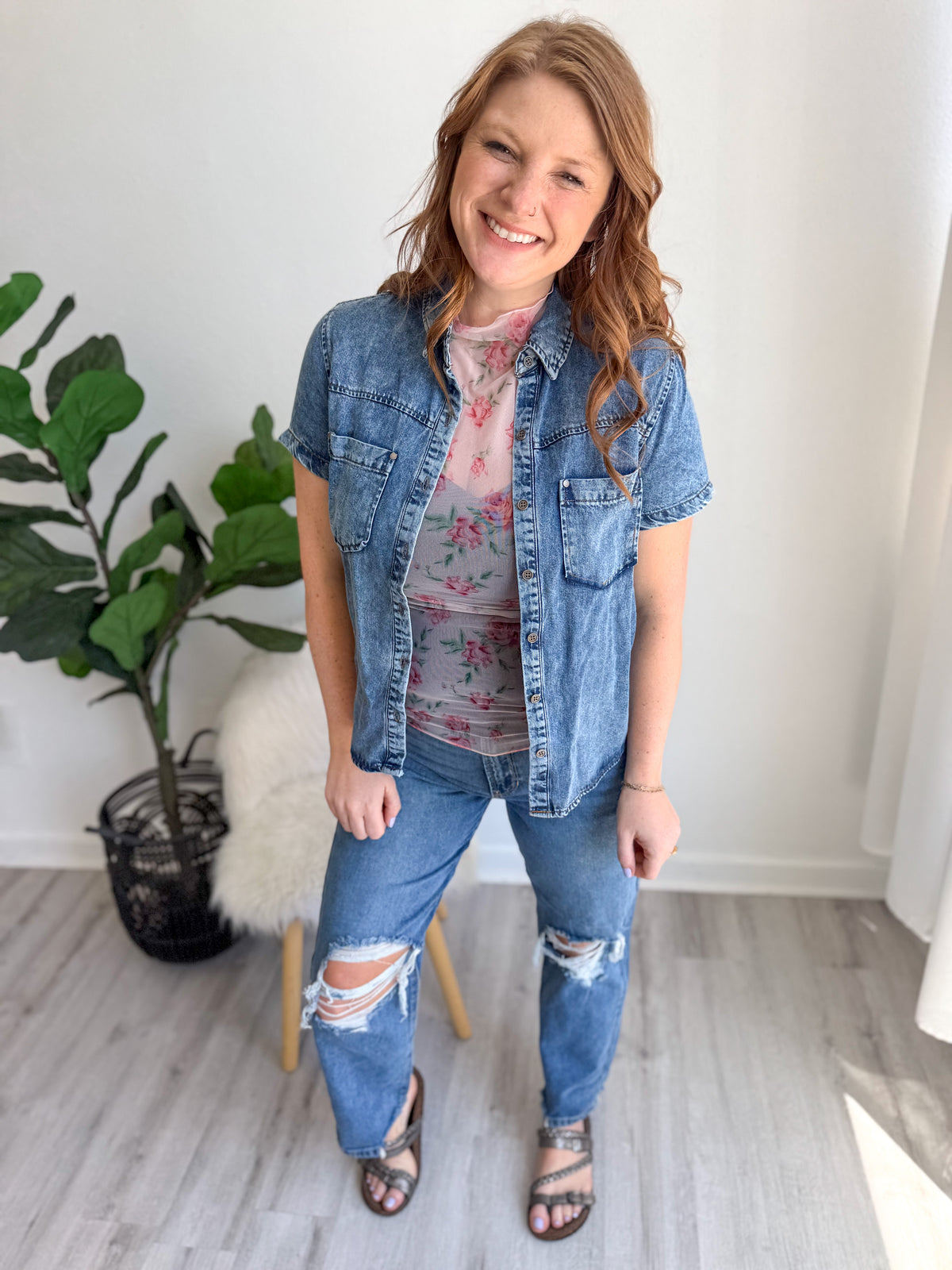 Short Sleeve Washed Denim Button Down