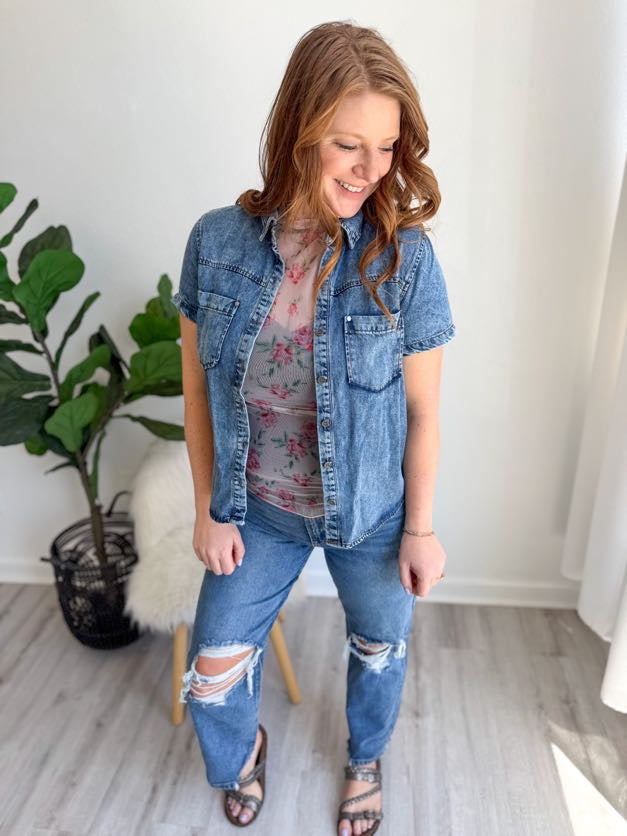 Short Sleeve Washed Denim Button Down