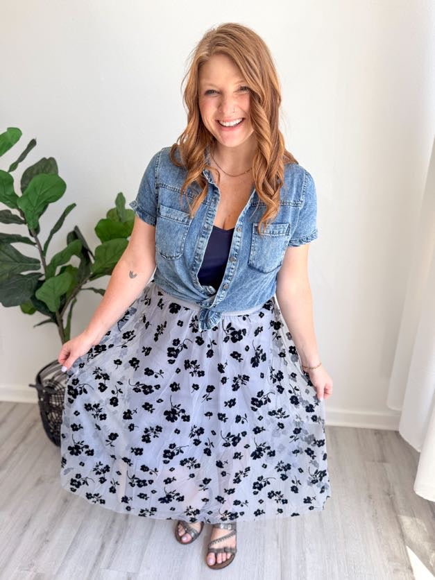 Blue Tulle Pleated Midi Skirt