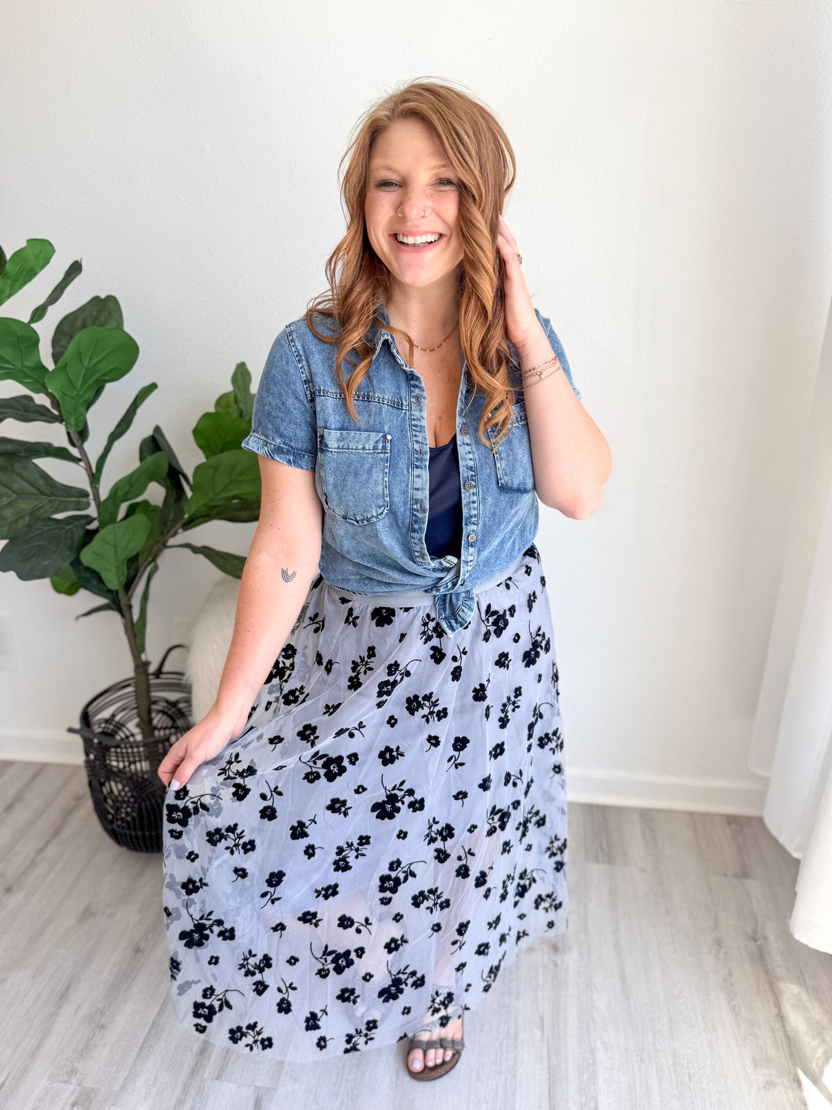 Blue Tulle Pleated Midi Skirt