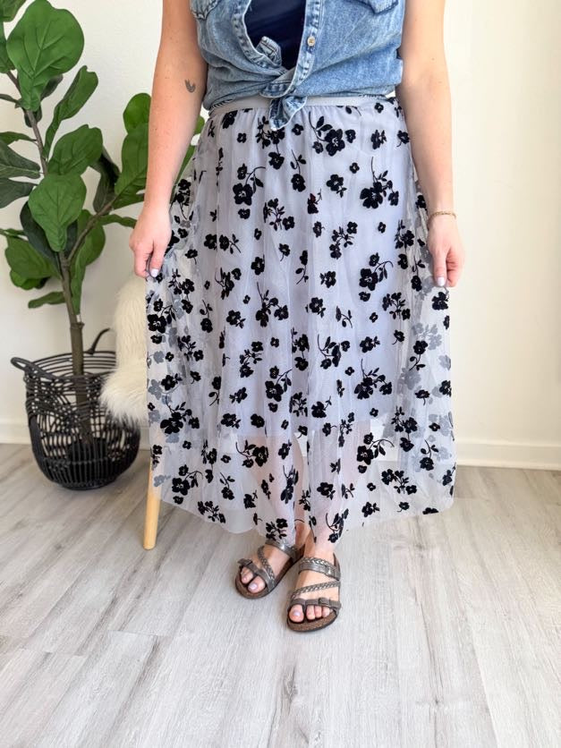 Blue Tulle Pleated Midi Skirt