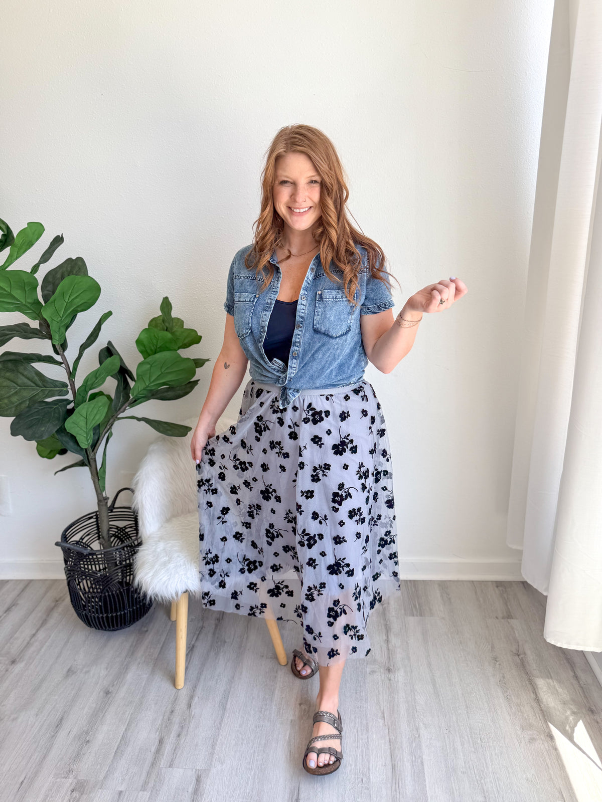 Blue Tulle Pleated Midi Skirt
