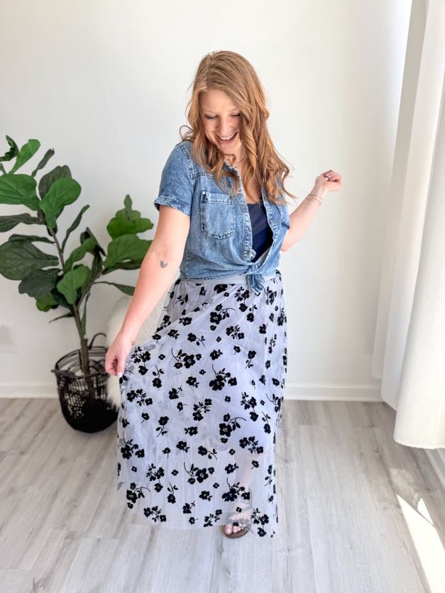 Blue Tulle Pleated Midi Skirt