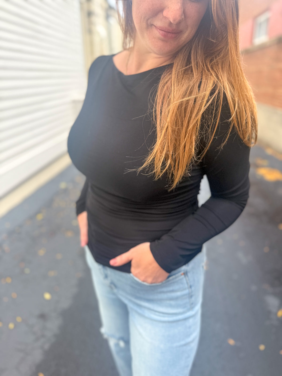 Side Ruched Boat Neck Top - Black