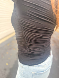 Side Ruched Boat Neck Top - Black