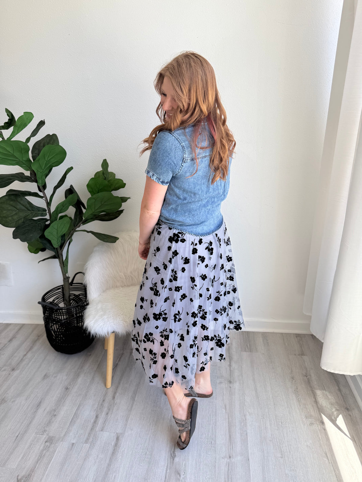Blue Tulle Pleated Midi Skirt