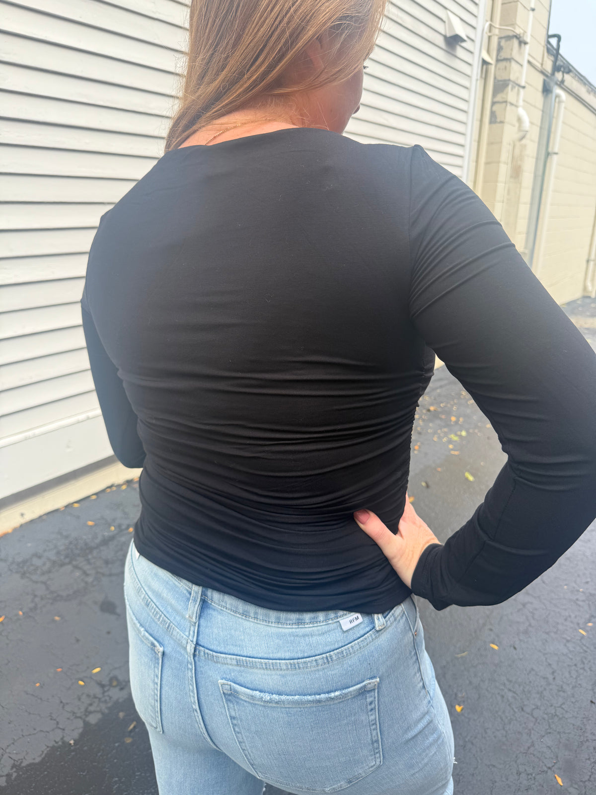 Side Ruched Boat Neck Top - Black