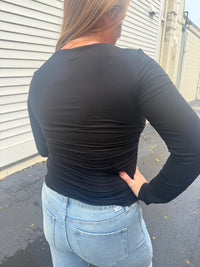 Side Ruched Boat Neck Top - Black