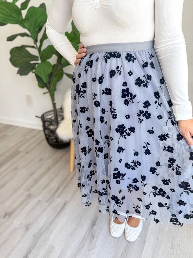Blue Tulle Pleated Midi Skirt