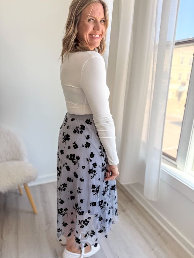 Blue Tulle Pleated Midi Skirt