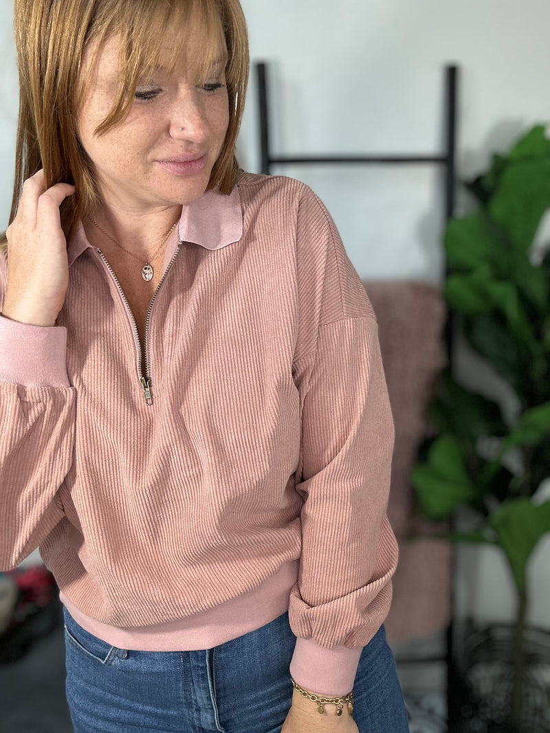 Blushing For You Half Zipper Pullover