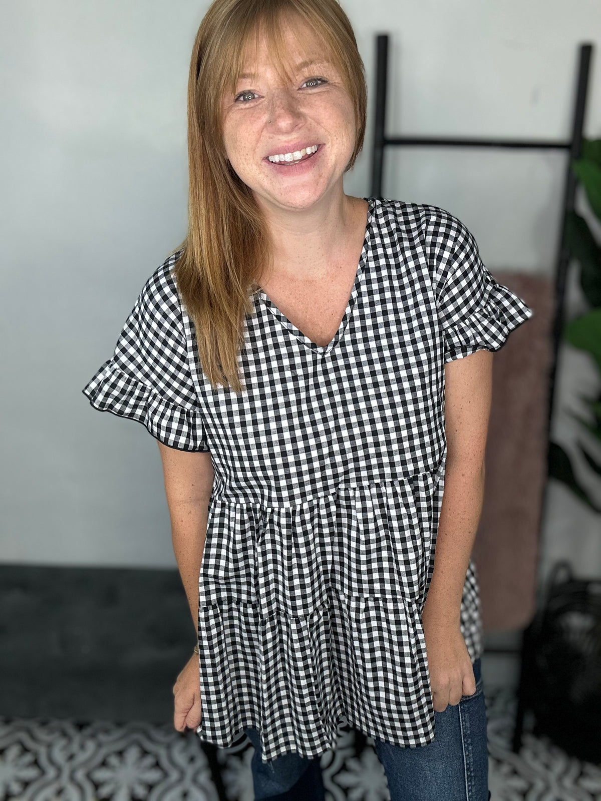 Black Gingham Check Baby Doll Top