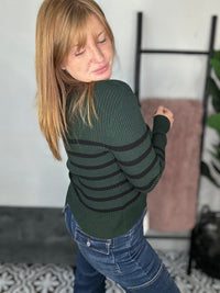 Green And Black Stripe Ribbed Sweater