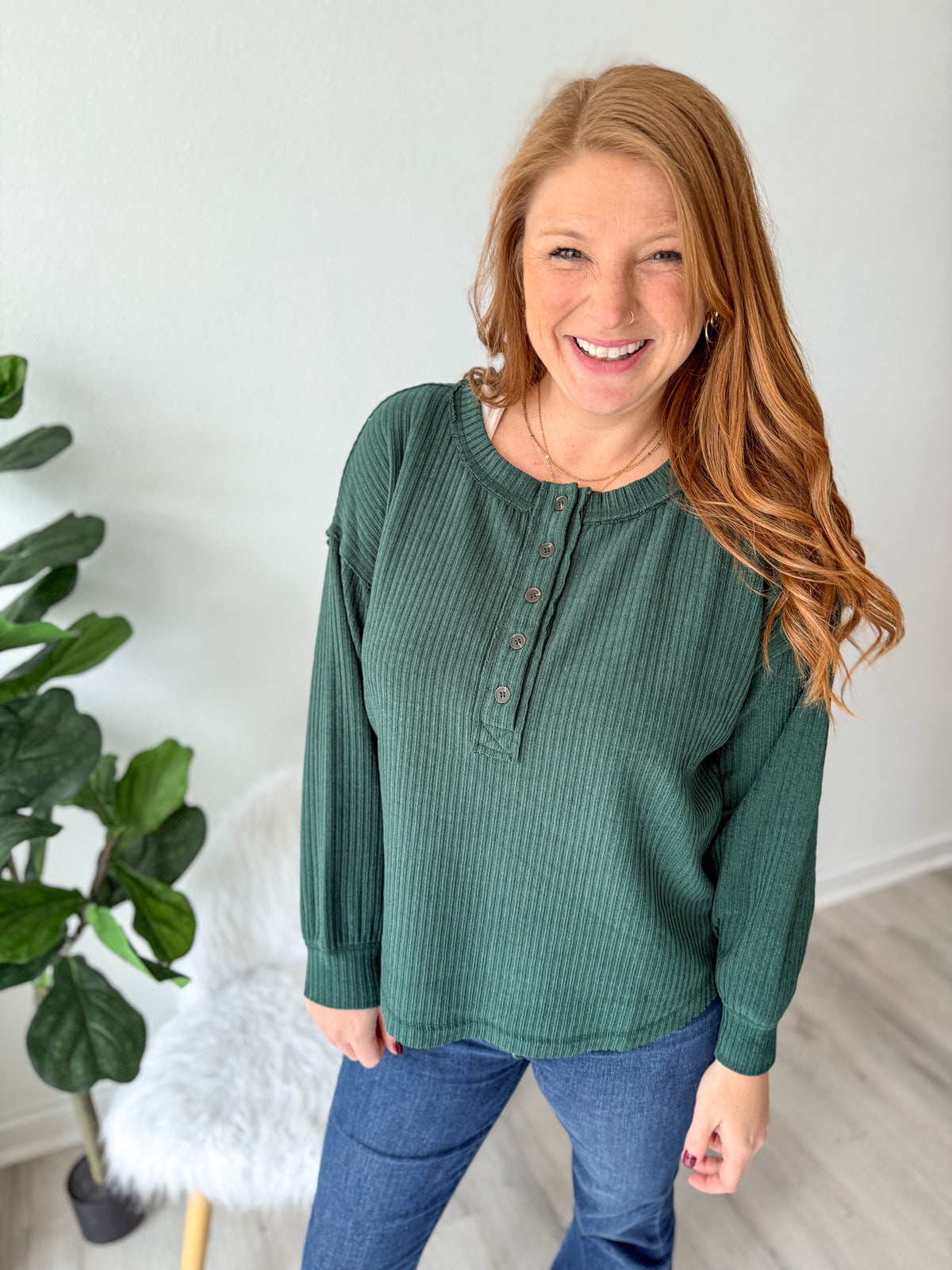 Evergreen Ribbed Quarter Button Top