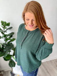 Evergreen Ribbed Quarter Button Top