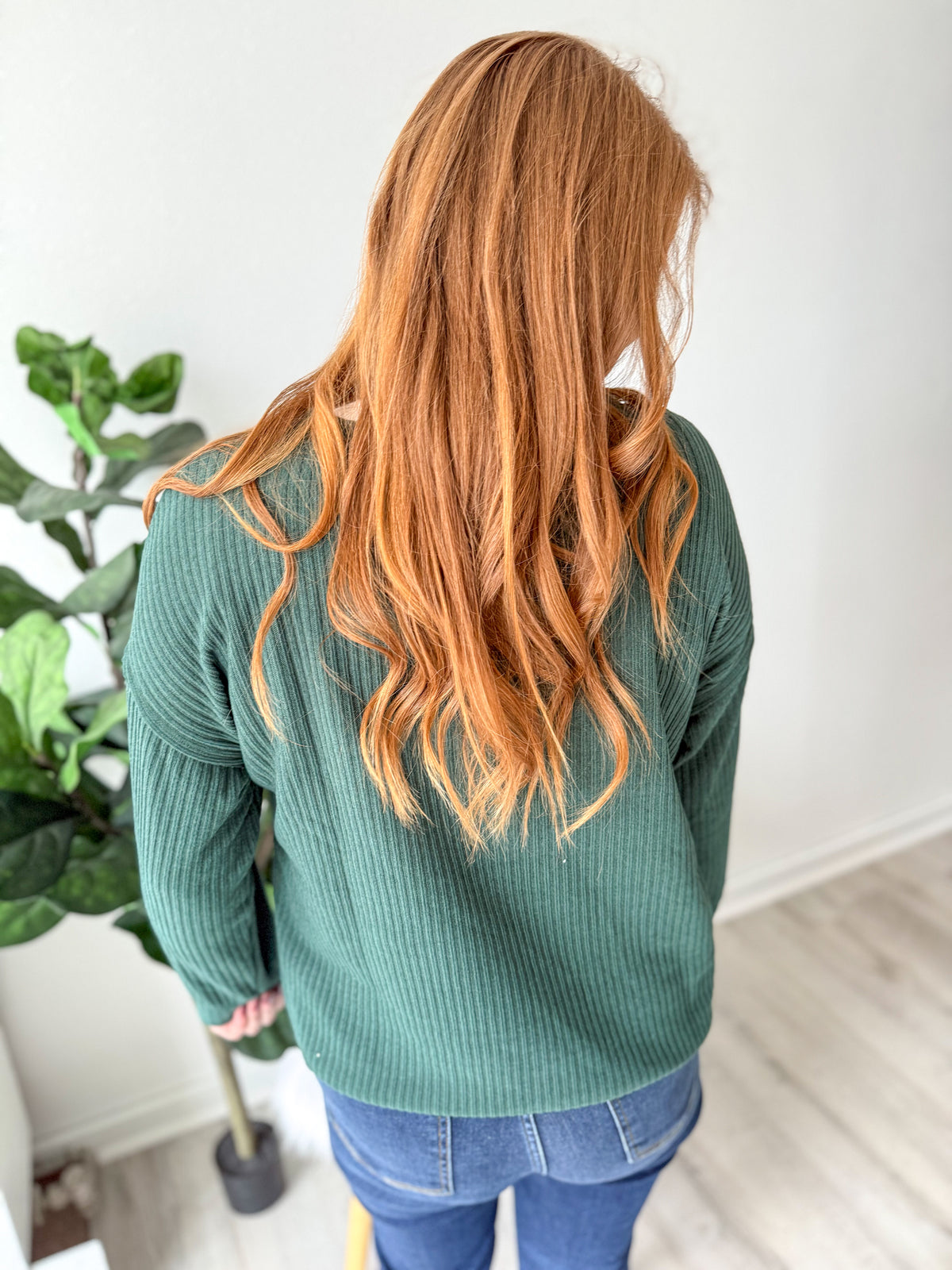 Evergreen Ribbed Quarter Button Top
