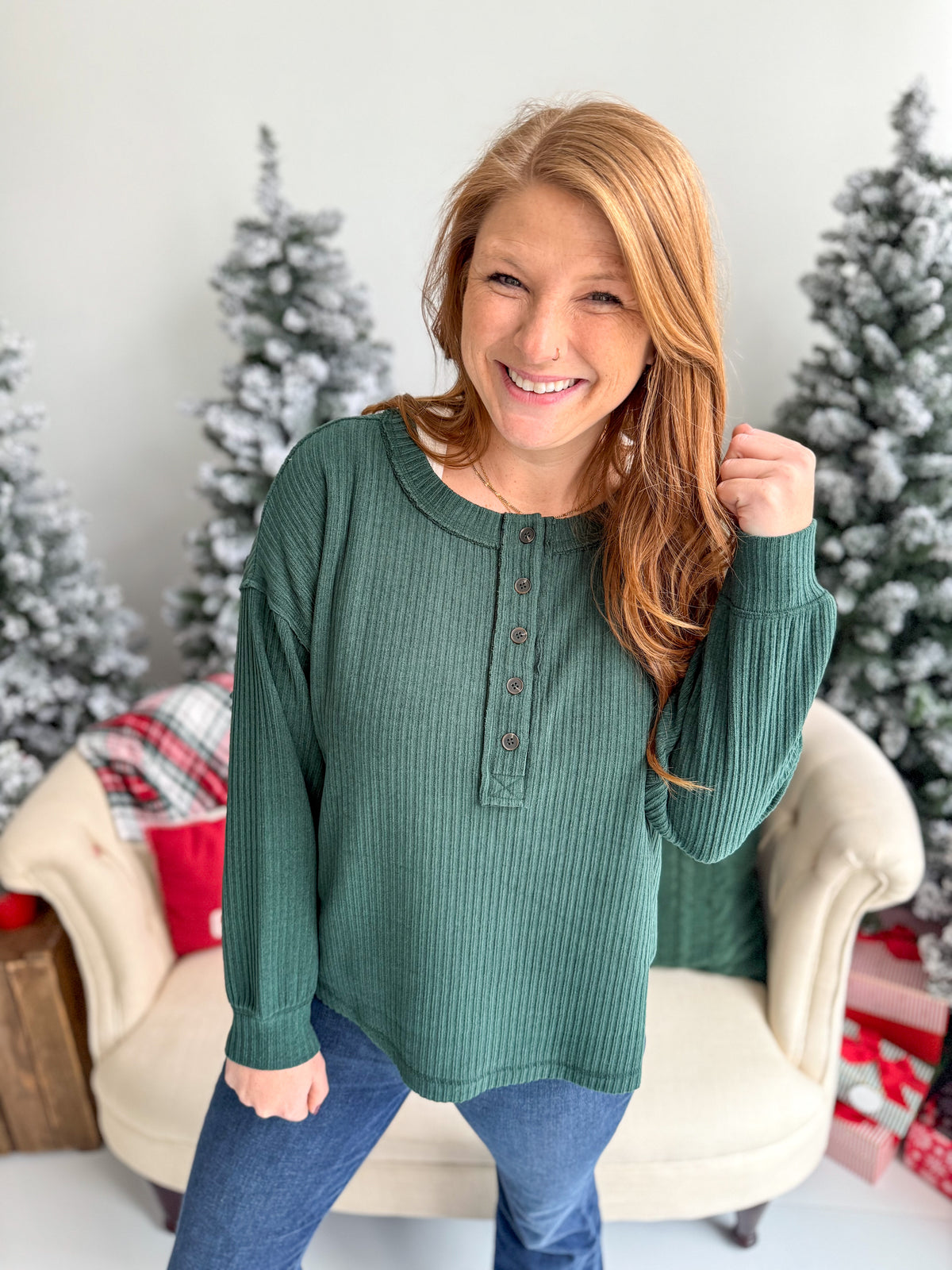 Evergreen Ribbed Quarter Button Top