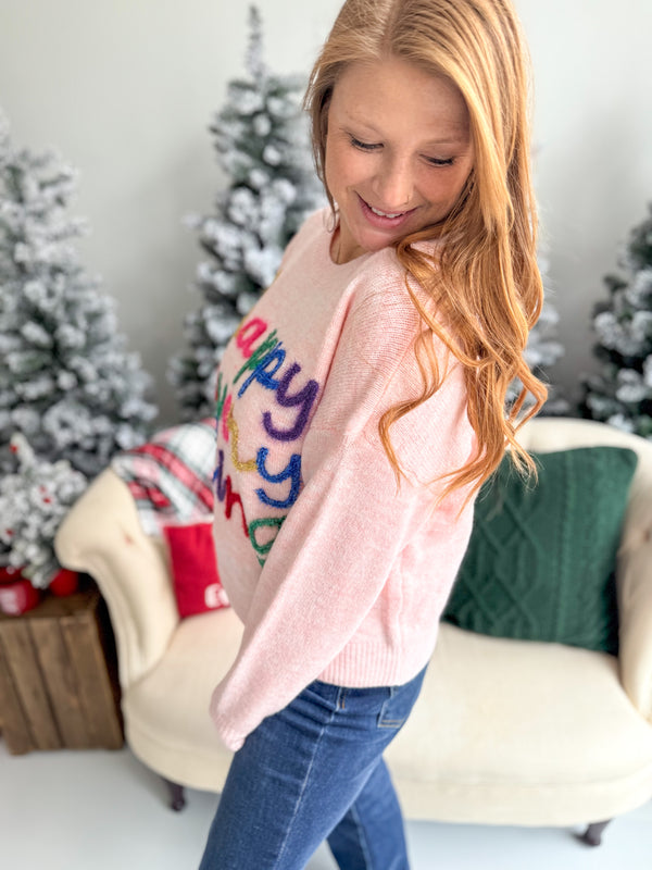 Happy Everything Pink Tinsel Sweater