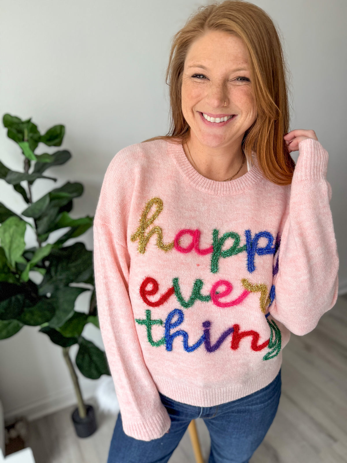 Happy Everything Pink Tinsel Sweater