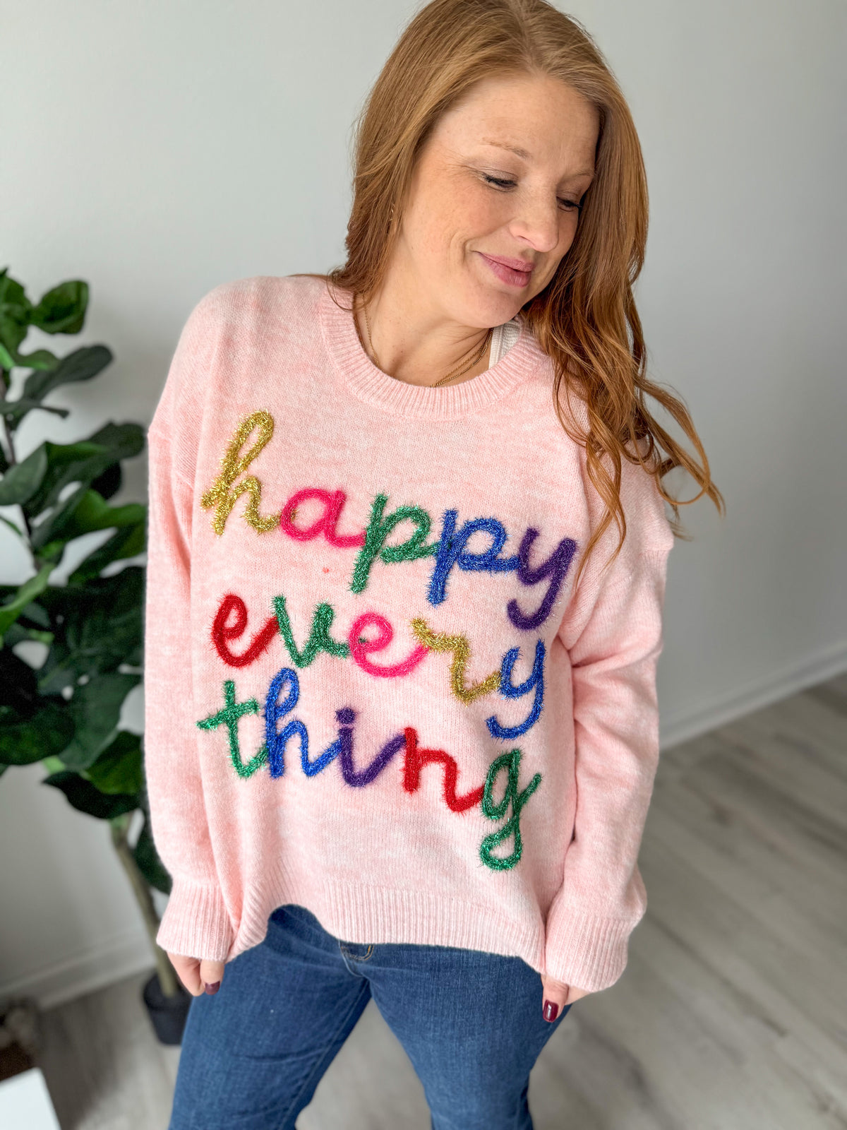 Happy Everything Pink Tinsel Sweater