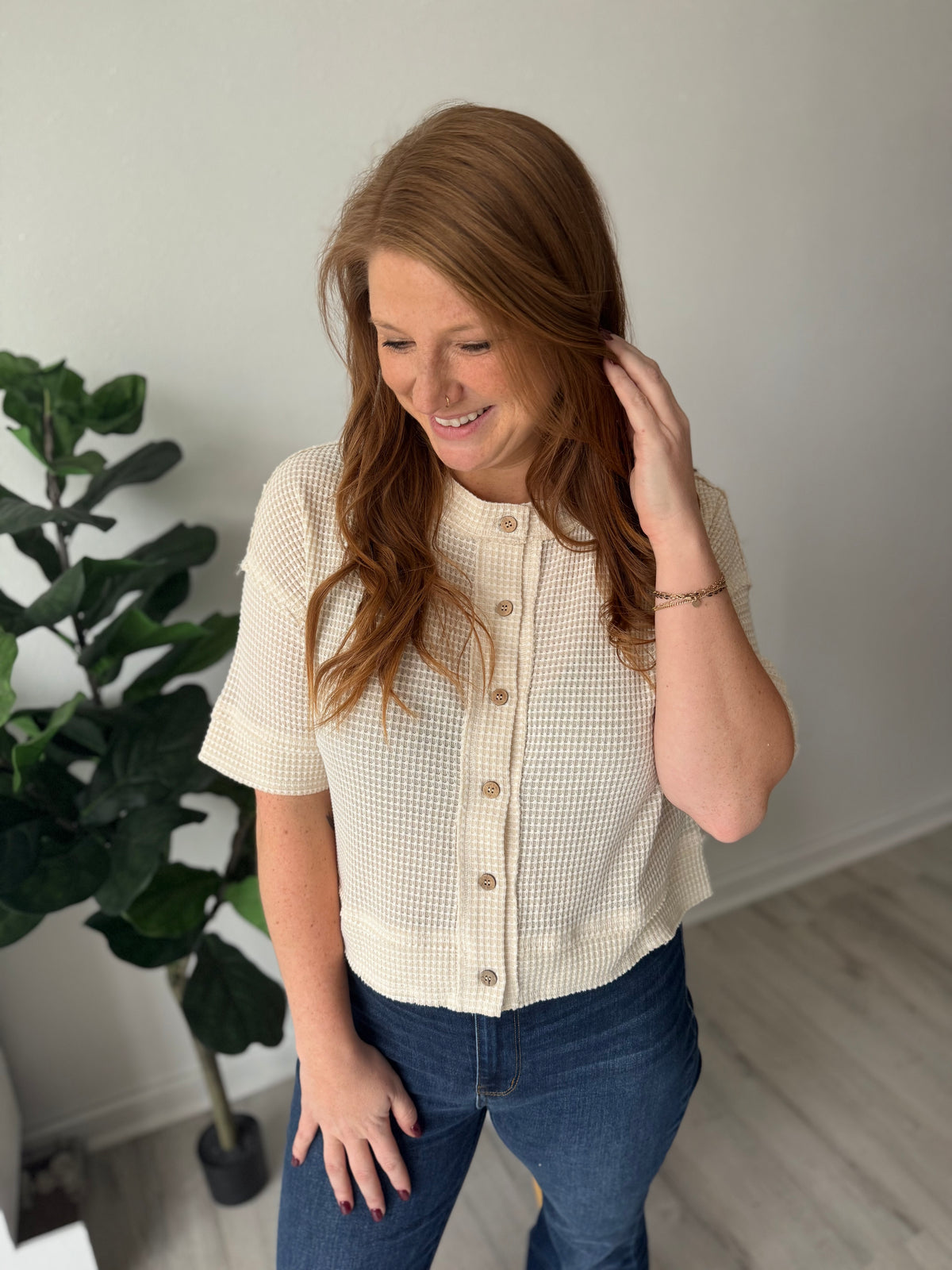 Waffle Button Up Quarter Sleeve Top