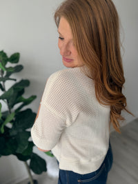Waffle Button Up Quarter Sleeve Top