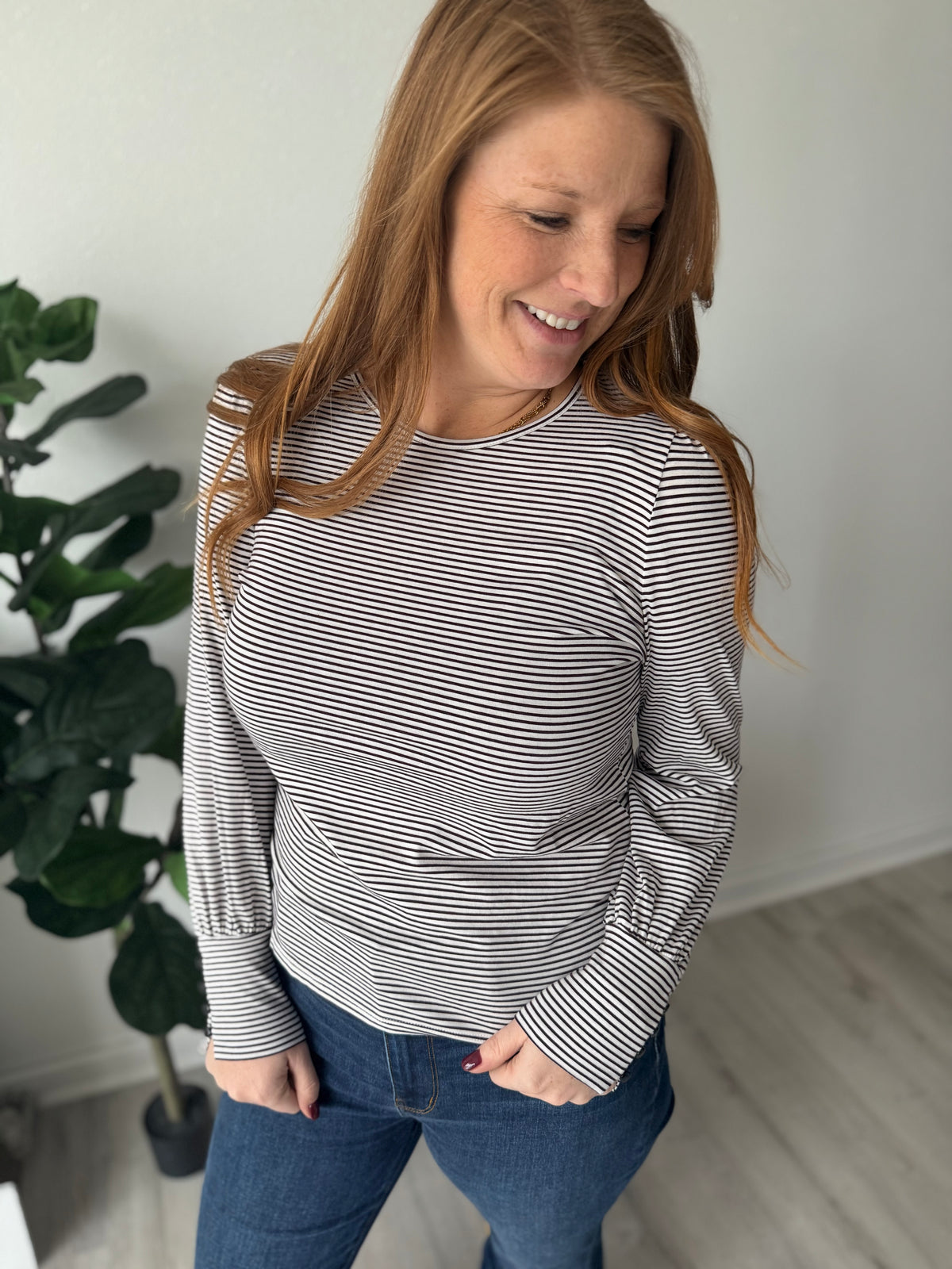 Cuffed Button Sleeve Striped Top