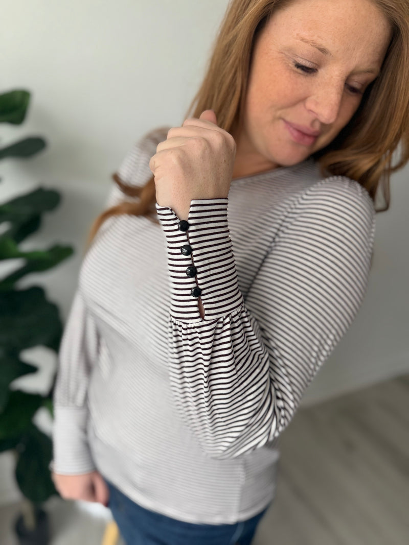 Cuffed Button Sleeve Striped Top